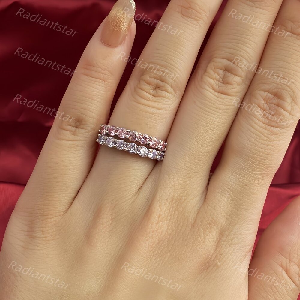 NEW Certified 3mm Pink Moissanite 7 Stone Half Eternity Band Ring - Picture 11 of 11